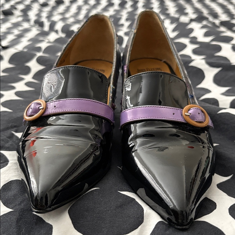 John Fluevog Black and Purple Gigi Limited Edition Pointed Loafers